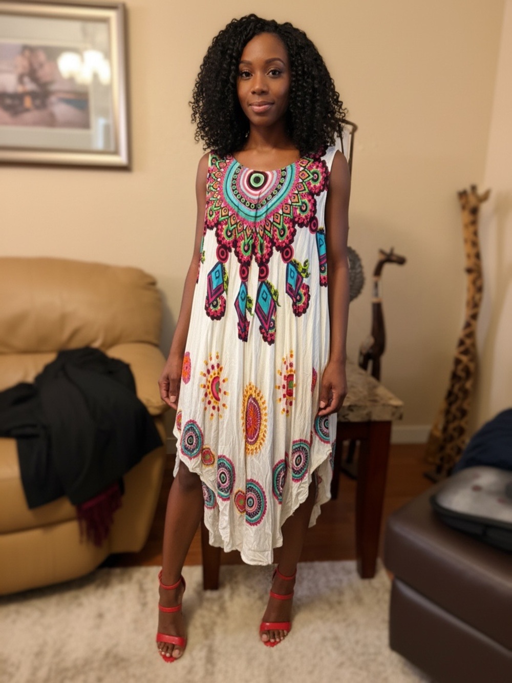 Exist White Asymmetrical Dress with Multicolor Mandala Print